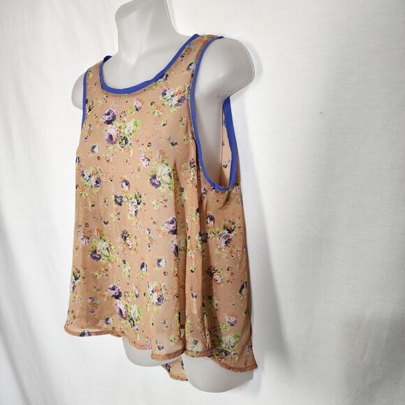 Lush Womens Tank Top Small Floral Swing Sheer High Low Keyhole Orange Purple - Picture 5 of 9